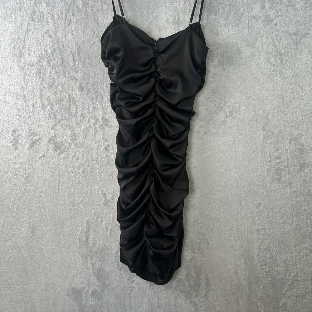 Oh Polly Dark Romance Black Satin Ruched Mini Dress - Size 4 - Picture 4 of 8